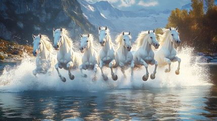 Seven running white horses wall painting mountain morning view background. Majestic and powerful scene with splashing effects. Wallpaper concept.