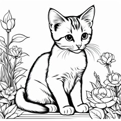 Obraz premium A line art black-and-white illustration of a cute kitten.
