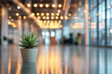 Modern office interior open space minimalist design reflective floor small potted plant in foreground