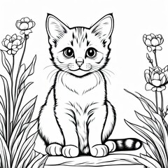 Obraz premium A line art black-and-white illustration of a cute kitten.