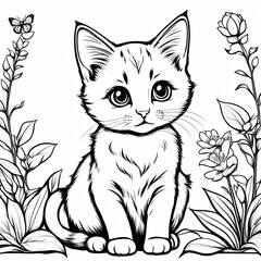 Obraz premium A line art black-and-white illustration of a cute kitten.