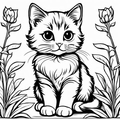 Obraz premium A line art black-and-white illustration of a cute kitten.