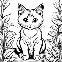 Obraz premium A line art black-and-white illustration of a cute kitten.