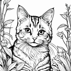 A line art black-and-white illustration of a cute kitten.