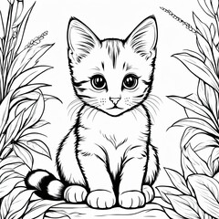 Obraz premium A line art black-and-white illustration of a cute kitten.