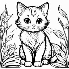 Obraz premium A line art black-and-white illustration of a cute kitten.