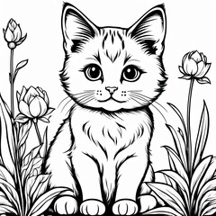 Obraz premium A line art black-and-white illustration of a cute kitten.