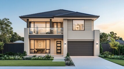 Fototapeta premium A two-story detached villa with an attached garage, showcasing a luxurious and spacious design, perfect for modern family living with ample room and comfort.