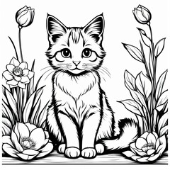 Obraz premium A line art black-and-white illustration of a cute kitten.