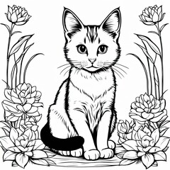 Obraz premium A line art black-and-white illustration of a cute kitten.