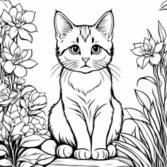 Obraz premium A line art black-and-white illustration of a cute kitten.