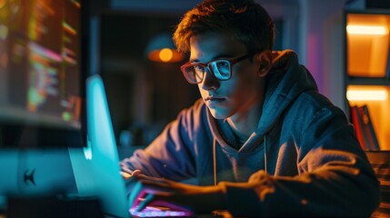 Obraz premium Focused young businessman or freelancer working intensely on laptop computer in dimly lit modern office workspace at night lost in while completing a late task or project