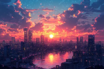 Obraz premium Captivating Sunset Illustration: Artistic Renderings of Tranquil Sunsets Painted with Palette of Colors and Emotions 