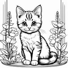 Obraz premium A line art black-and-white illustration of a cute kitten.