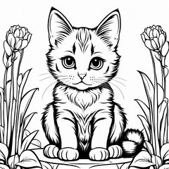 Obraz premium A line art black-and-white illustration of a cute kitten.