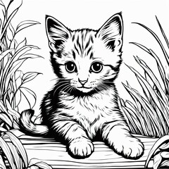 Obraz premium A line art black-and-white illustration of a cute kitten.