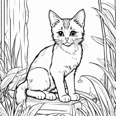 Obraz premium A line art black-and-white illustration of a cute kitten.