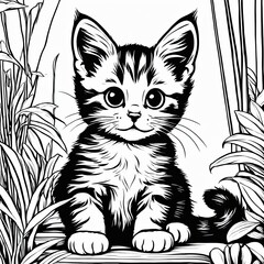 Fototapeta premium A line art black-and-white illustration of a cute kitten.