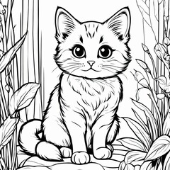 Obraz premium A line art black-and-white illustration of a cute kitten.