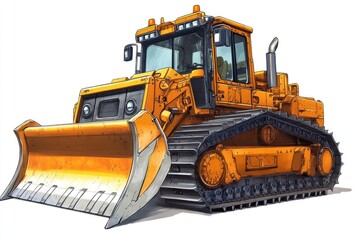 Fototapeta premium Powerful Bulldozer Moves Earth Efficiently & Precisely, Construction Vehicle with Heavy-Duty Tracks.