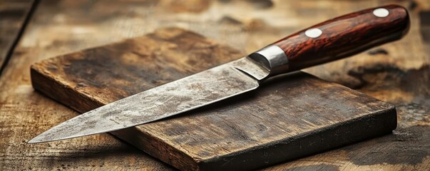 A beautifully crafted kitchen knife resting on a rustic wooden cutting board, highlighting its sharp blade and elegant wooden handle.