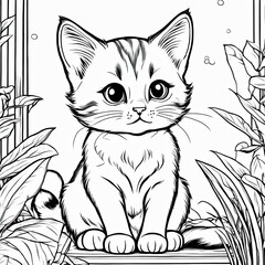 Obraz premium A line art black-and-white illustration of a cute kitten.