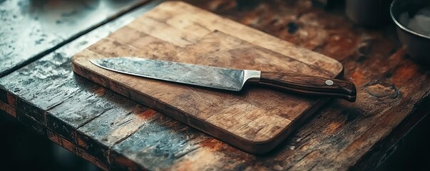A rustic wooden chopping board with a sharp kitchen knife resting on it, highlighting the essential tools of culinary preparation and cooking.