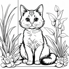 Obraz premium A line art black-and-white illustration of a cute kitten.