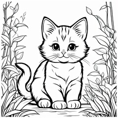 Obraz premium A line art black-and-white illustration of a cute kitten.
