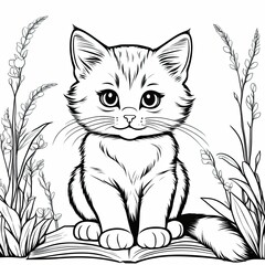 Obraz premium A line art black-and-white illustration of a cute kitten.