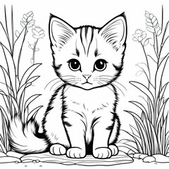 Obraz premium A line art black-and-white illustration of a cute kitten.