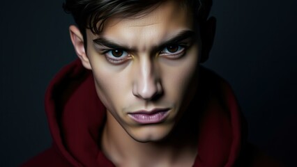 Fototapeta premium Intense Portrait of a Young Man in Red Hoodie, Perfect for Graphic Design, Advertising, and Social Media Campaigns