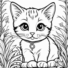 Obraz premium A line art black-and-white illustration of a cute kitten.