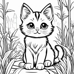 Obraz premium A line art black-and-white illustration of a cute kitten.