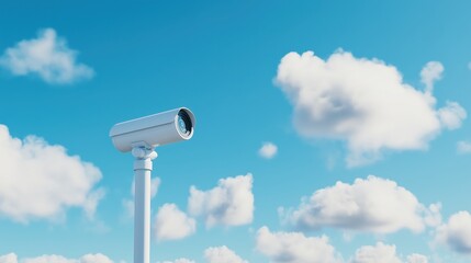Outdoor CCTV camera on pole against bright blue sky with clouds