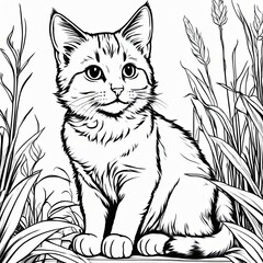 Obraz premium A line art black-and-white illustration of a cute kitten.