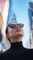 Fototapeta premium a woman in times Square, sunny day, she is wearing black sunglasses, 