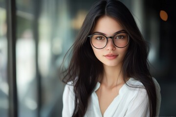Portrait young woman long dark hair black-rimmed glasses natural makeup soft smile