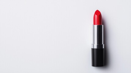 A vibrant red lipstick rests on a clean, white surface, emphasizing its striking color and sleek design.
