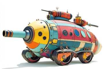 Colorful Futuristic Tank Rolls Across Terrain,  Boasting Unique Design & Weaponry, Exuding Whimsical Charm.  Sci-Fi Vehicle.