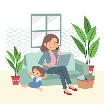 recommend clip art: Ilustration vector of a busy mom balancing work and family, expertly multitasking with a laptop while caring for her child