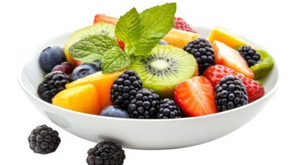 Vibrant still life, a bowl of fresh fruit topped with lush green leaf, embracing healthy eating