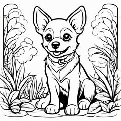 A line art black-and-white illustration of a cute dog