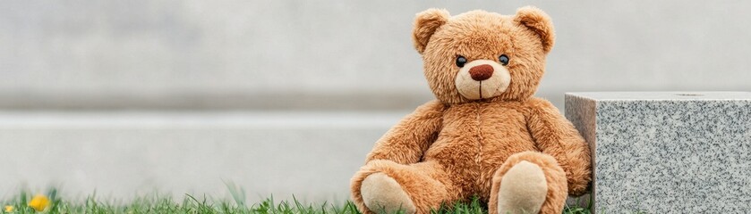 Obraz premium Always loved and remembered. A cute teddy bear sitting on grass near a monument.