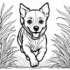 A line art black-and-white illustration of a cute dog