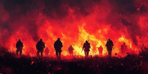 Fototapeta premium Silhouetted Soldiers March Through Fiery Inferno