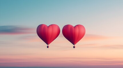 Fototapeta premium Romantic hot air balloons in heart shapes floating in a vibrant sunset sky 3D digital the essence of love adventure and scenic beauty