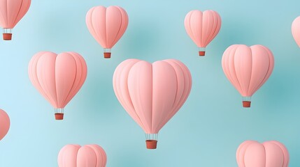 Romantic heart shaped hot air balloons gracefully floating in a breathtaking vibrant sunset sky  This 3D captures a captivating dreamlike scene that evokes a sense of wonder and enchantment
