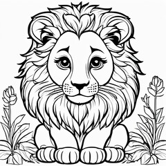 Obraz premium A line art black-and-white illustration of a cute Lion