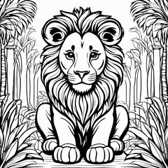 Obraz premium A line art black-and-white illustration of a cute Lion